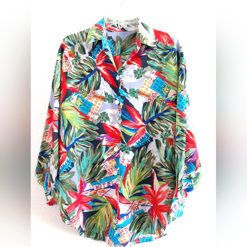 Colorful Silk Blouse Shirt Long Sleeve Tropical Floral Oversized Small Chest 44"